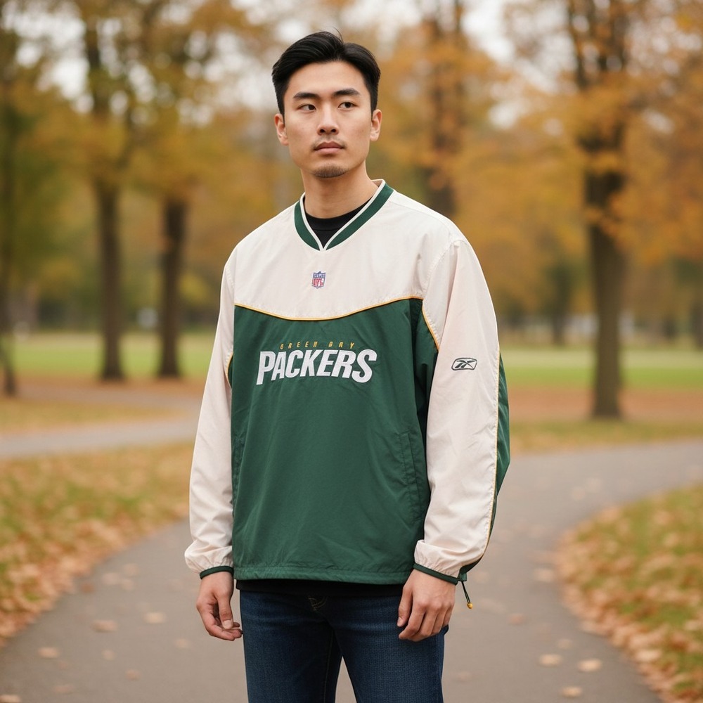 Reebok Green Bay Packers NFL On Field Pullover Windbreaker Jacket Mens XL Green